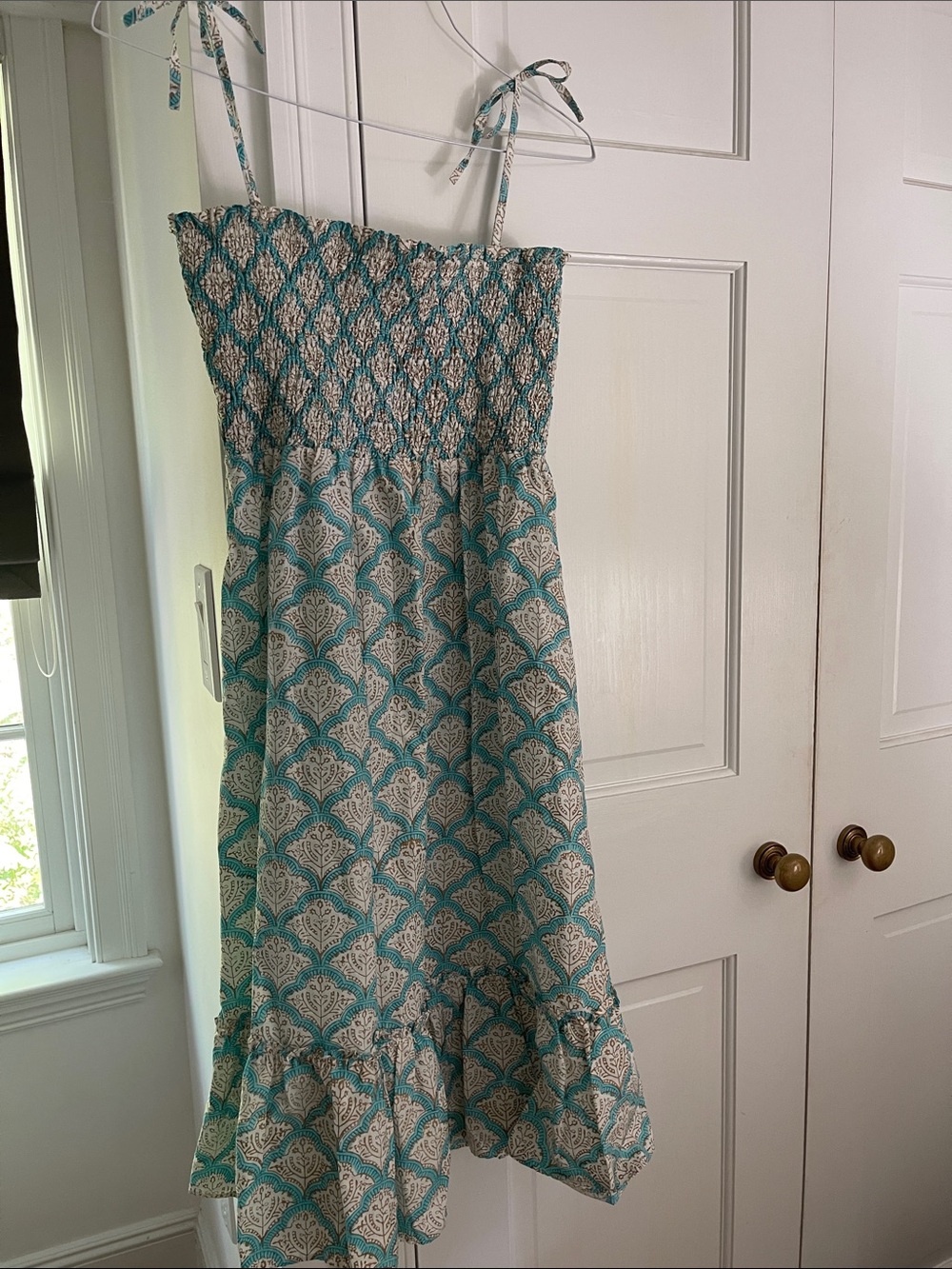 New!! Aqua and tan & white block print Roller Rabbit Sundress